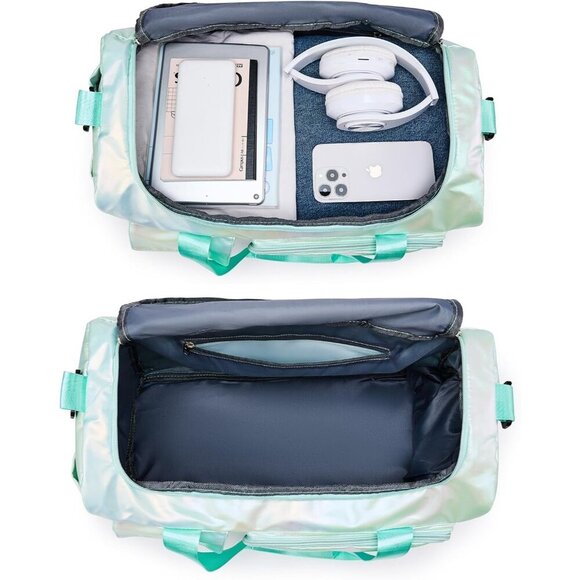 Women Green Shinny Small Gym Carry On Weekender Travel Shoe Compartment Bag - Picture 5 of 6